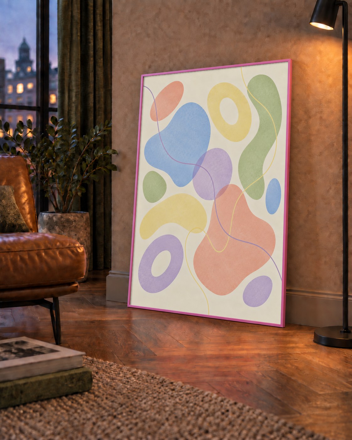 Pastel Renkli Soyut Geometrik Şekiller Poster — çerçeveli hâliyle bir ev duvarında