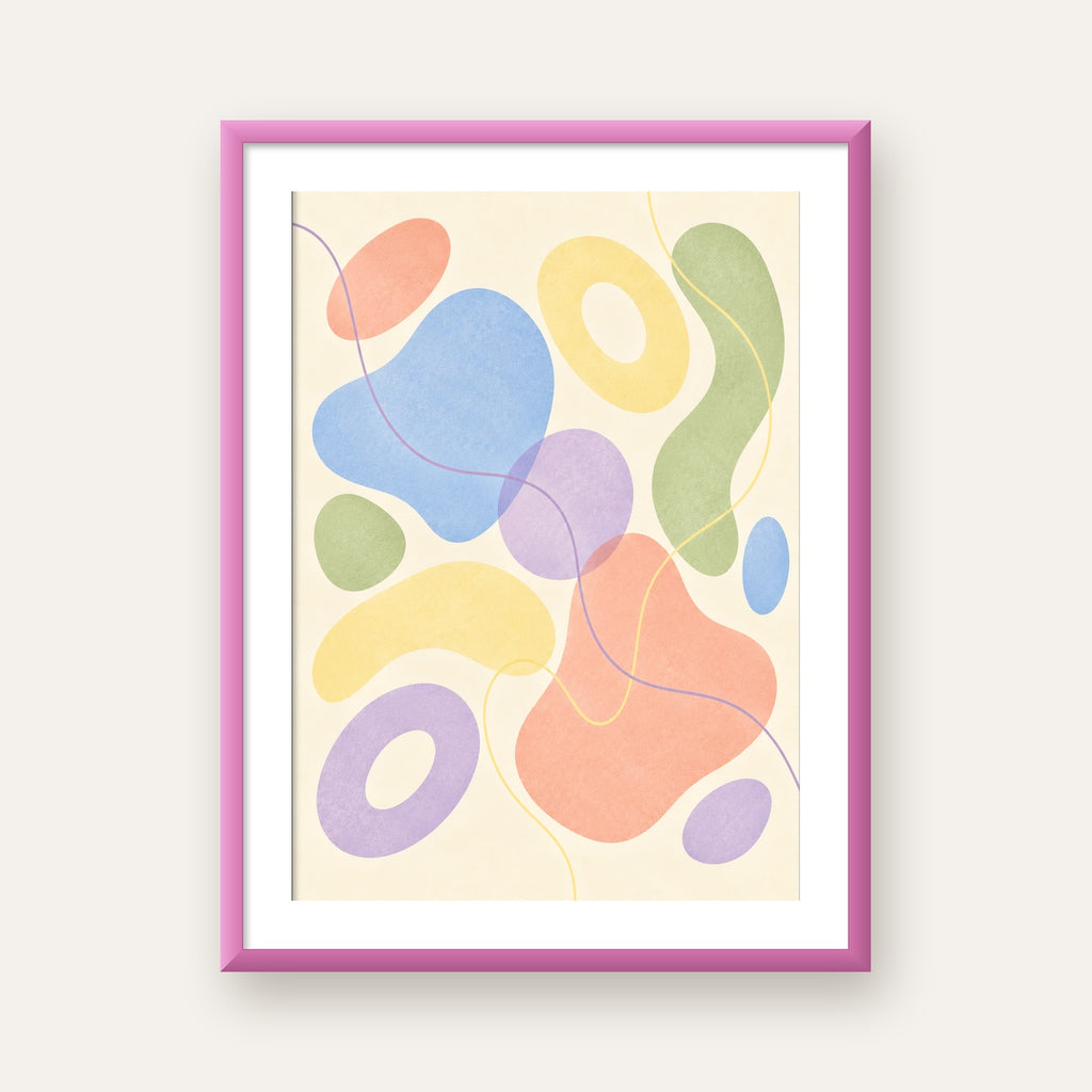 Pastel Renkli Soyut Geometrik Şekiller Poster — pembe çerçeveli paspartulu