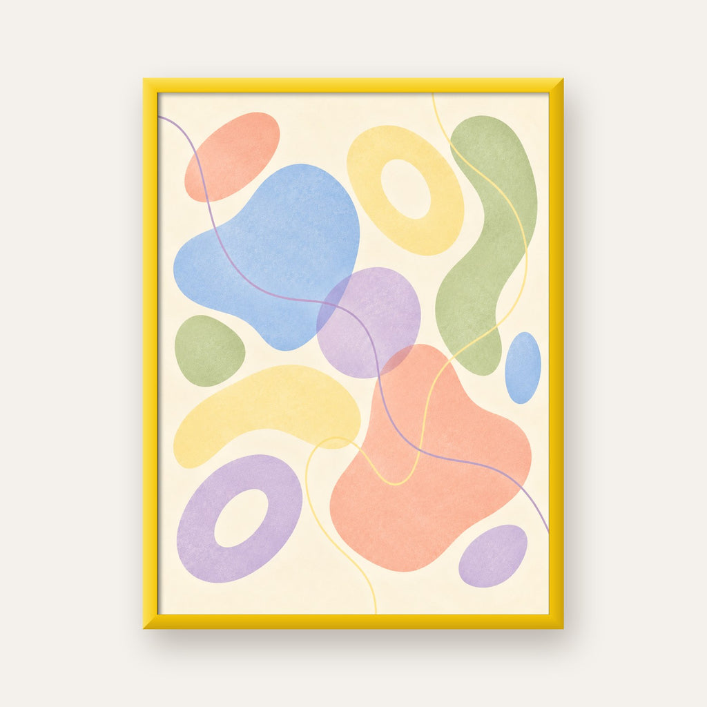 Pastel Renkli Soyut Geometrik Şekiller Poster — sarı çerçeveli