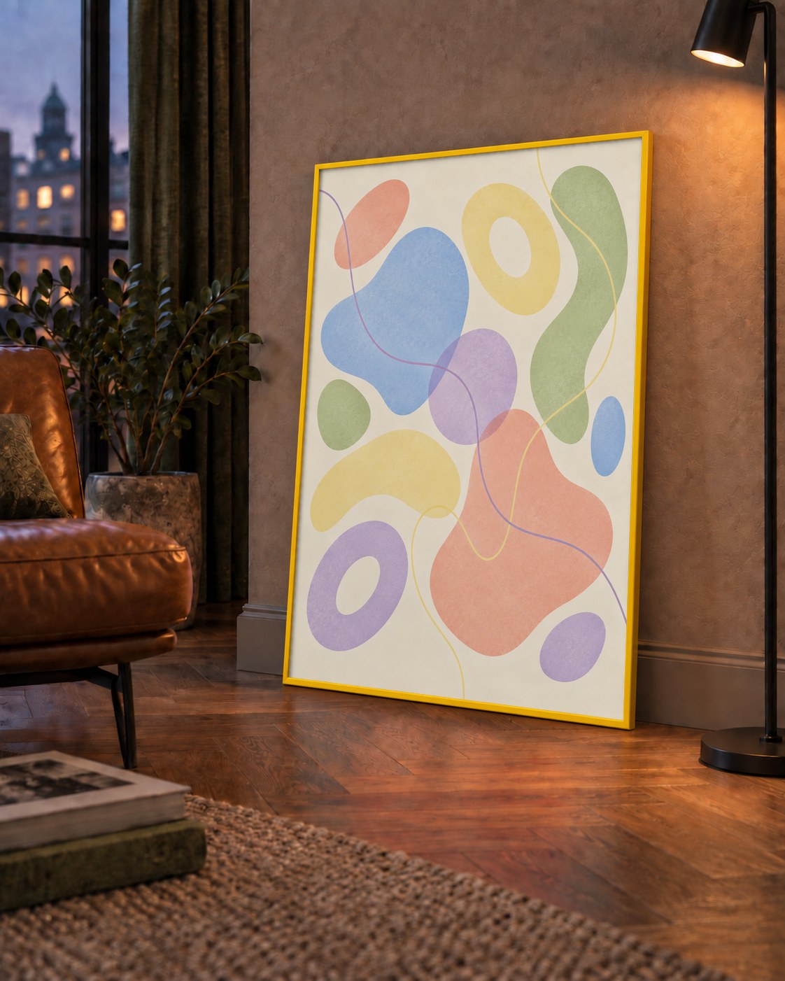 Pastel Renkli Soyut Geometrik Şekiller Poster — çerçeveli hâliyle bir ev duvarında