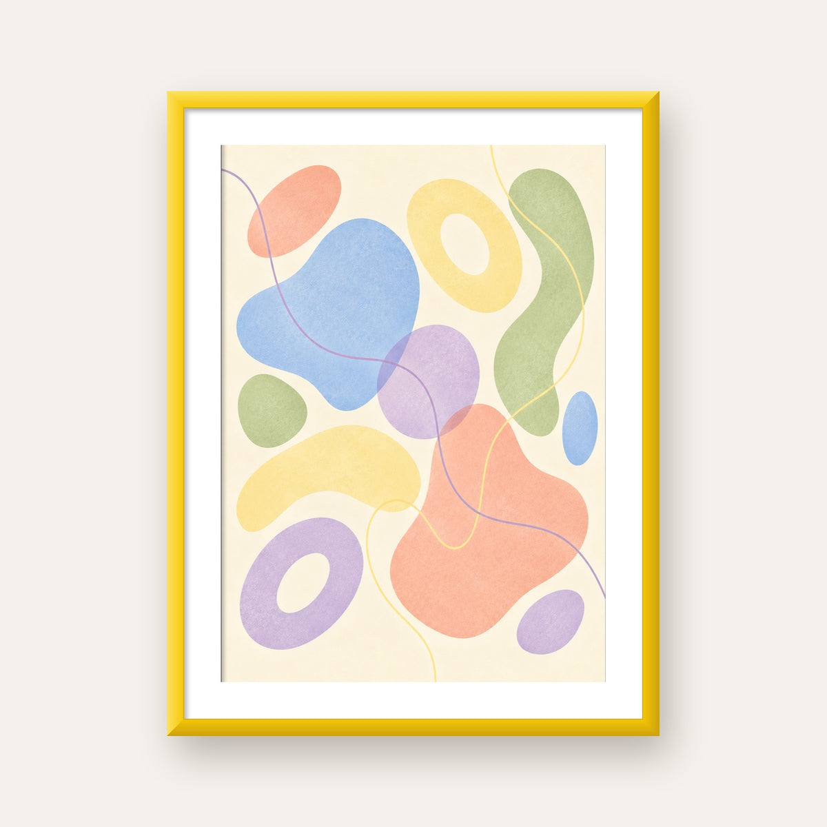 Pastel Renkli Soyut Geometrik Şekiller Poster — sarı çerçeveli paspartulu