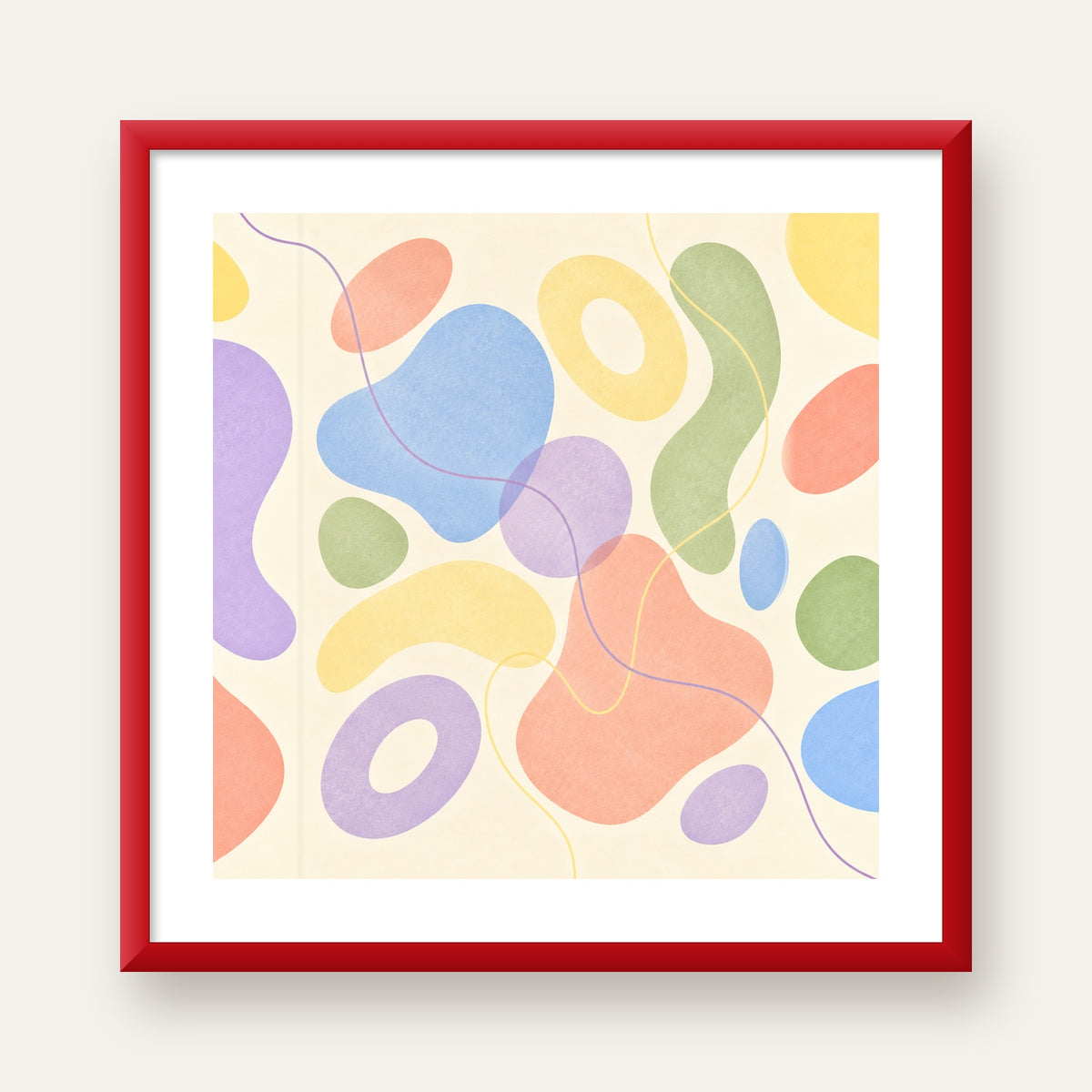 Pastel Renkli Soyut Geometrik Şekiller Poster — kırmızı çerçeveli paspartulu