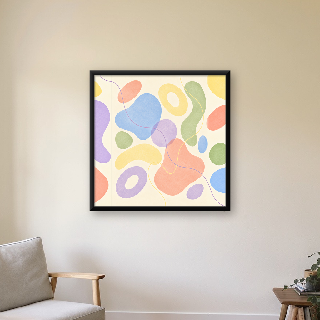 Pastel Soyut Renkli Şekiller Minimalist Poster   — Kare baskı, çerçeveli hâliyle bir ev duvarında