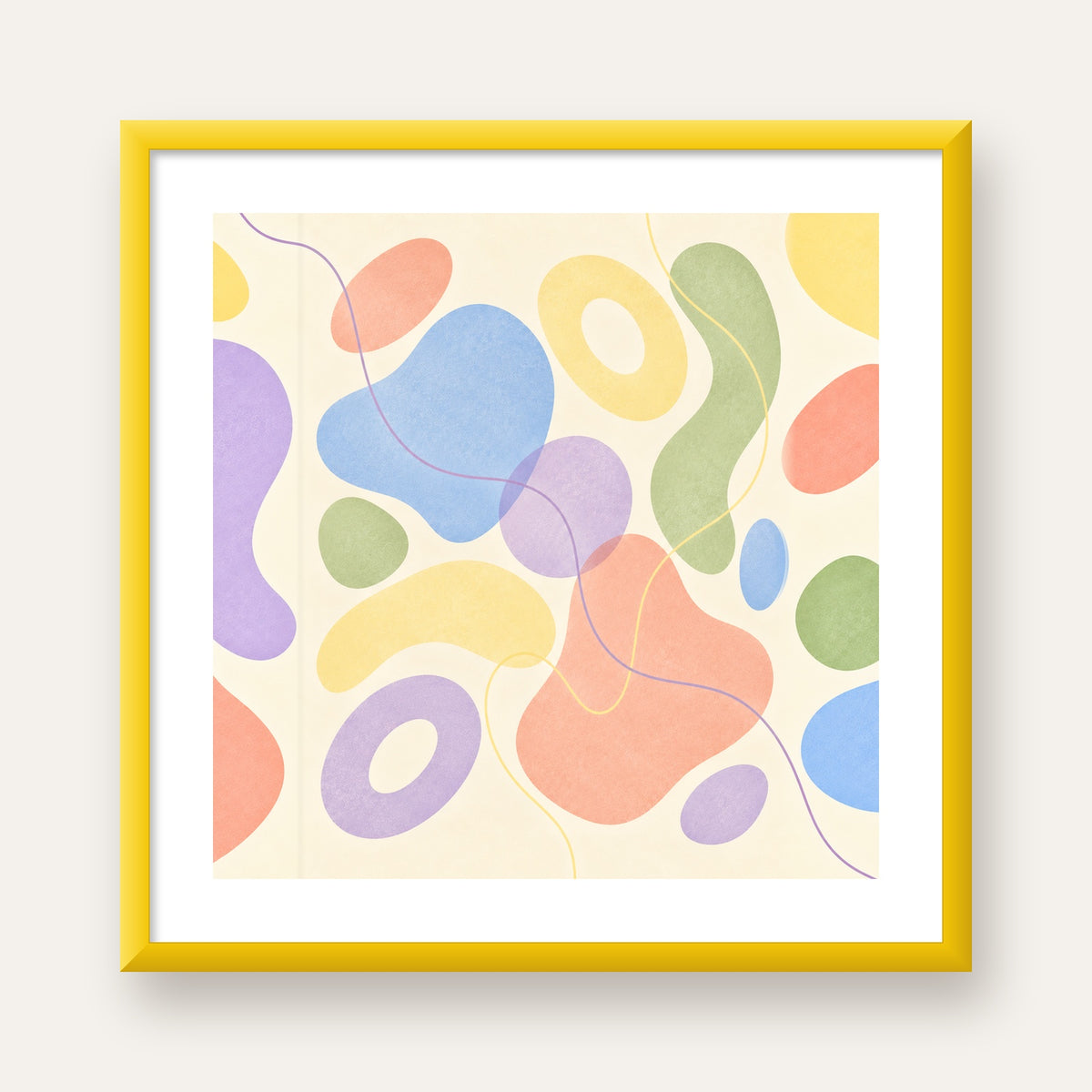 Pastel Renkli Soyut Geometrik Şekiller Poster — sarı çerçeveli paspartulu