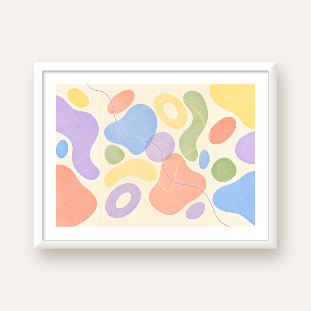 Pastel Renkli Soyut Geometrik Şekiller Poster — beyaz çerçeveli yatay poster