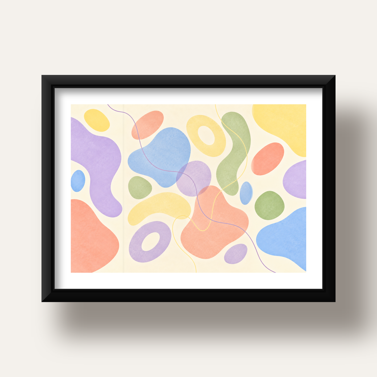 Pastel Renkli Soyut Geometrik Şekiller Poster — siyah derin çerçeveli paspartulu