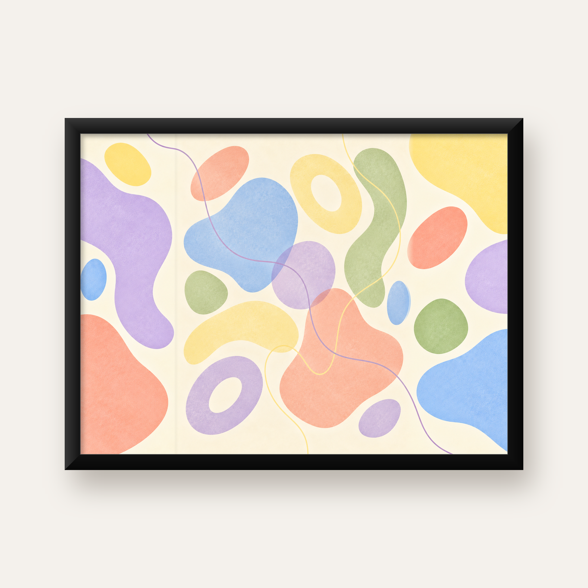 Pastel Soyut Renkli Şekiller Minimalist Poster   — Yatay baskı, düz siyah çerçeveli duvar posteri