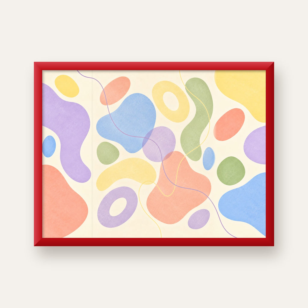 Pastel Renkli Soyut Geometrik Şekiller Poster — kırmızı çerçeveli