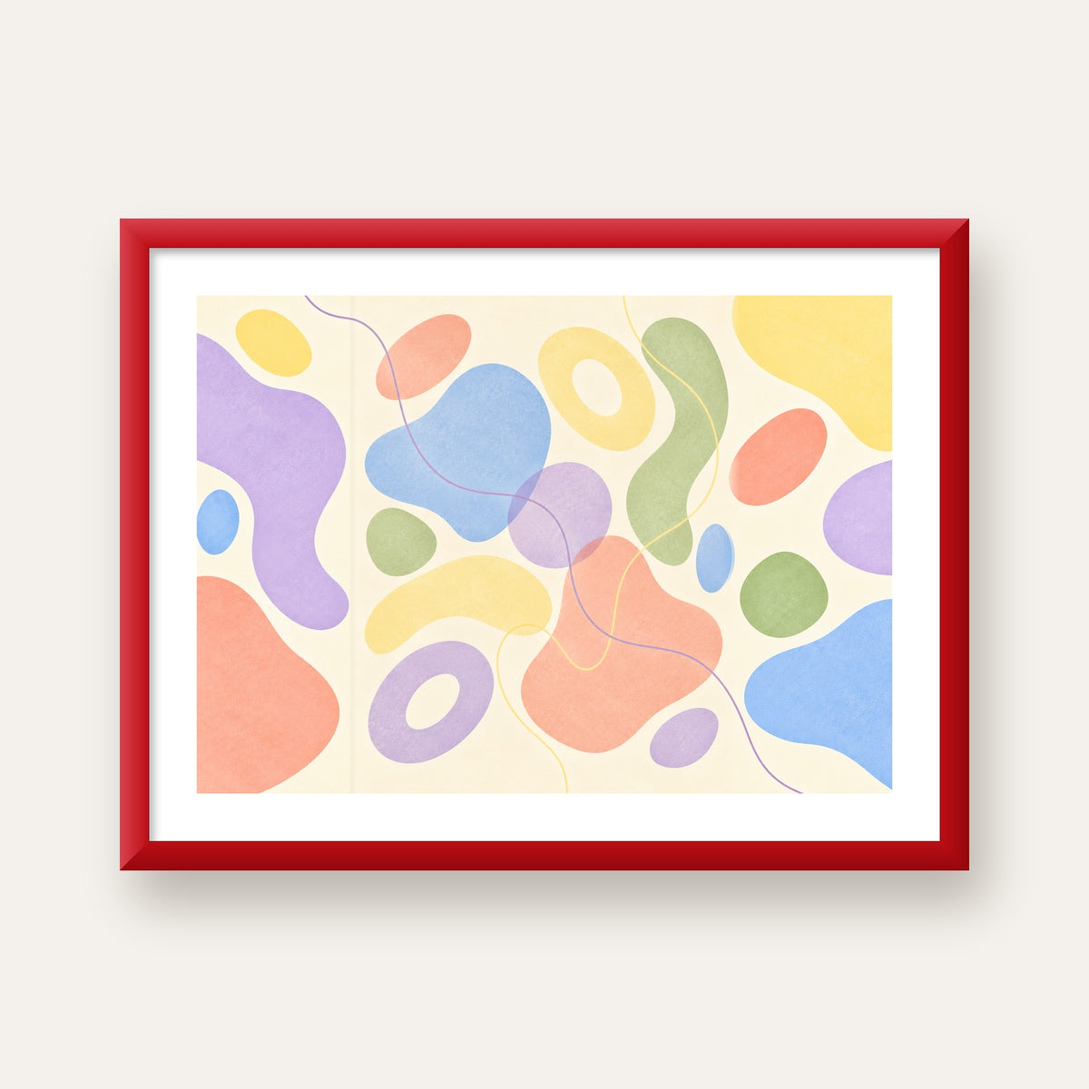 Pastel Renkli Soyut Geometrik Şekiller Poster — kırmızı çerçeveli paspartulu