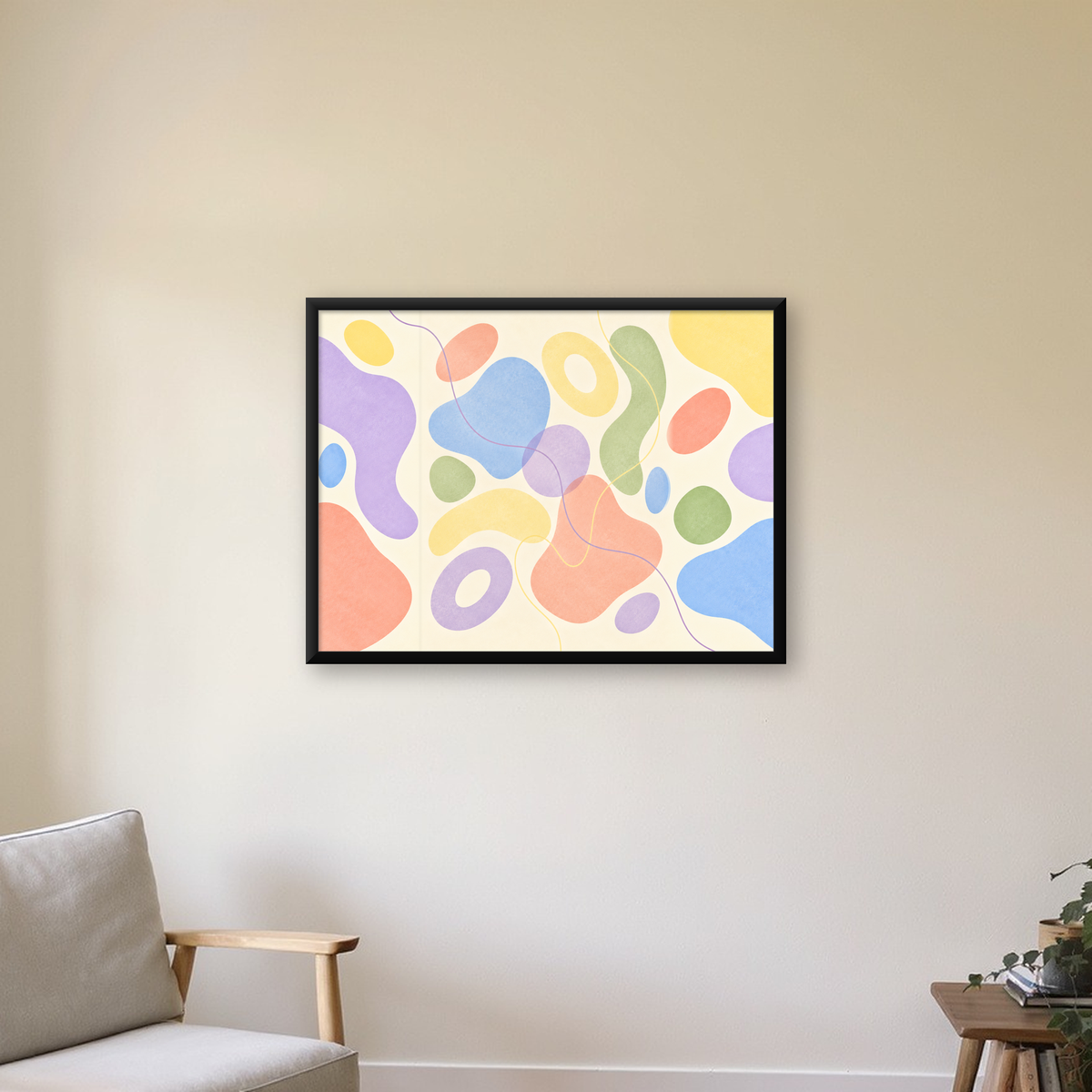 Pastel Soyut Renkli Şekiller Minimalist Poster   — Yatay baskı, çerçeveli hâliyle bir ev duvarında