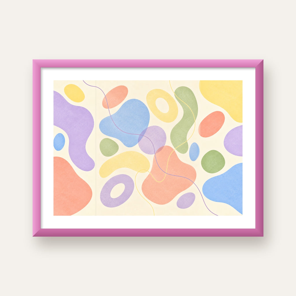 Pastel Renkli Soyut Geometrik Şekiller Poster — pembe çerçeveli paspartulu