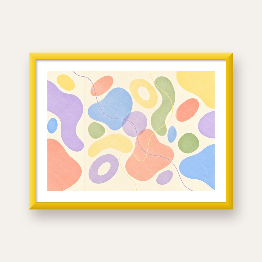 Pastel Renkli Soyut Geometrik Şekiller Poster — sarı çerçeveli paspartulu