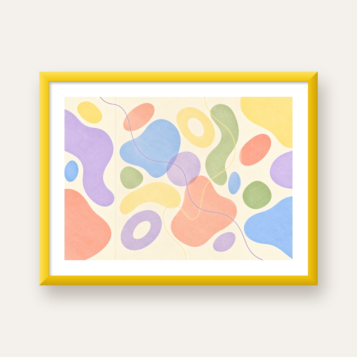 Pastel Renkli Soyut Geometrik Şekiller Poster — sarı çerçeveli paspartulu