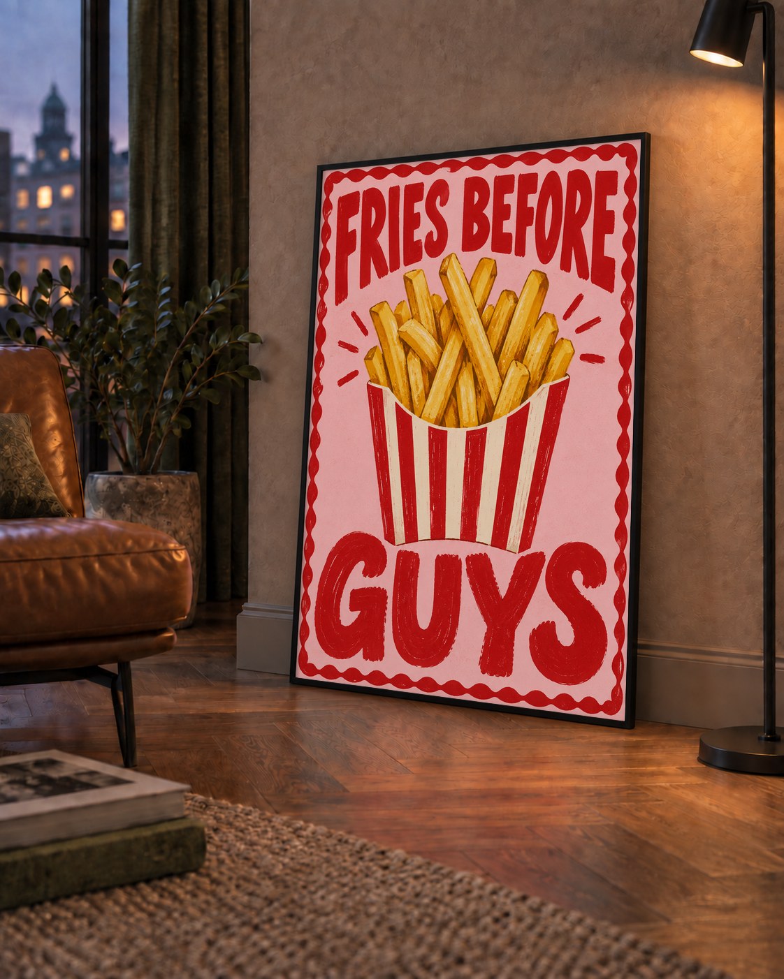 Fries Before Guys Poster – Eğlenceli Patates Kızartması Duvar Dekoru — çerçeveli hâliyle bir ev duvarında