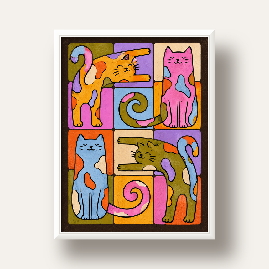 Renkli Geometrik Desenli Kediler Modern Poster — beyaz derin çerçeveli