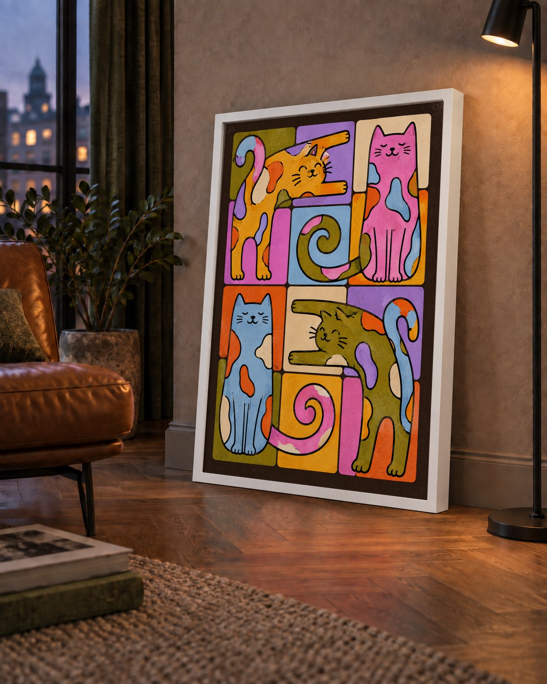 Renkli Geometrik Desenli Kediler Modern Poster — çerçeveli hâliyle bir ev duvarında