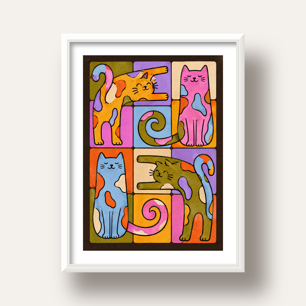 Renkli Geometrik Desenli Kediler Modern Poster — beyaz derin çerçeveli paspartulu