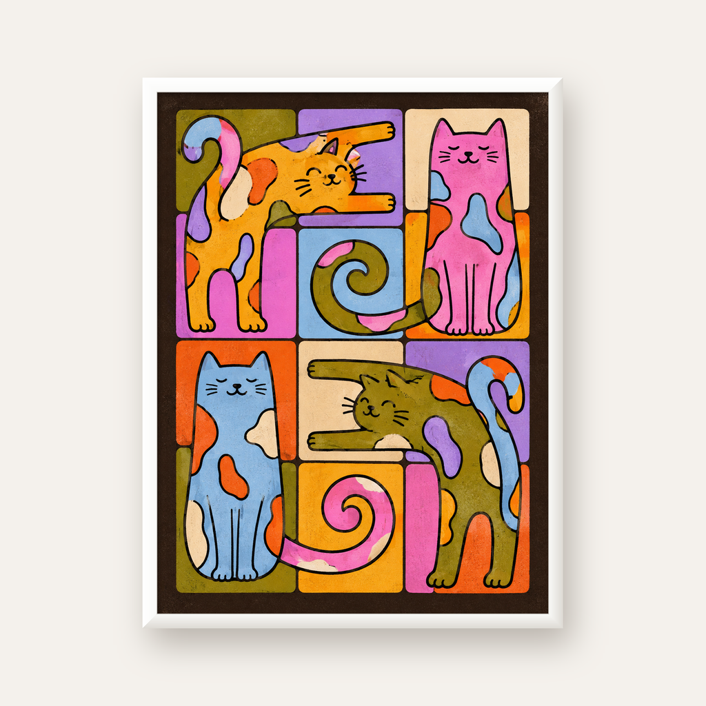 Renkli Geometrik Desenli Kediler Modern Poster — beyaz çerçeveli dikey poster
