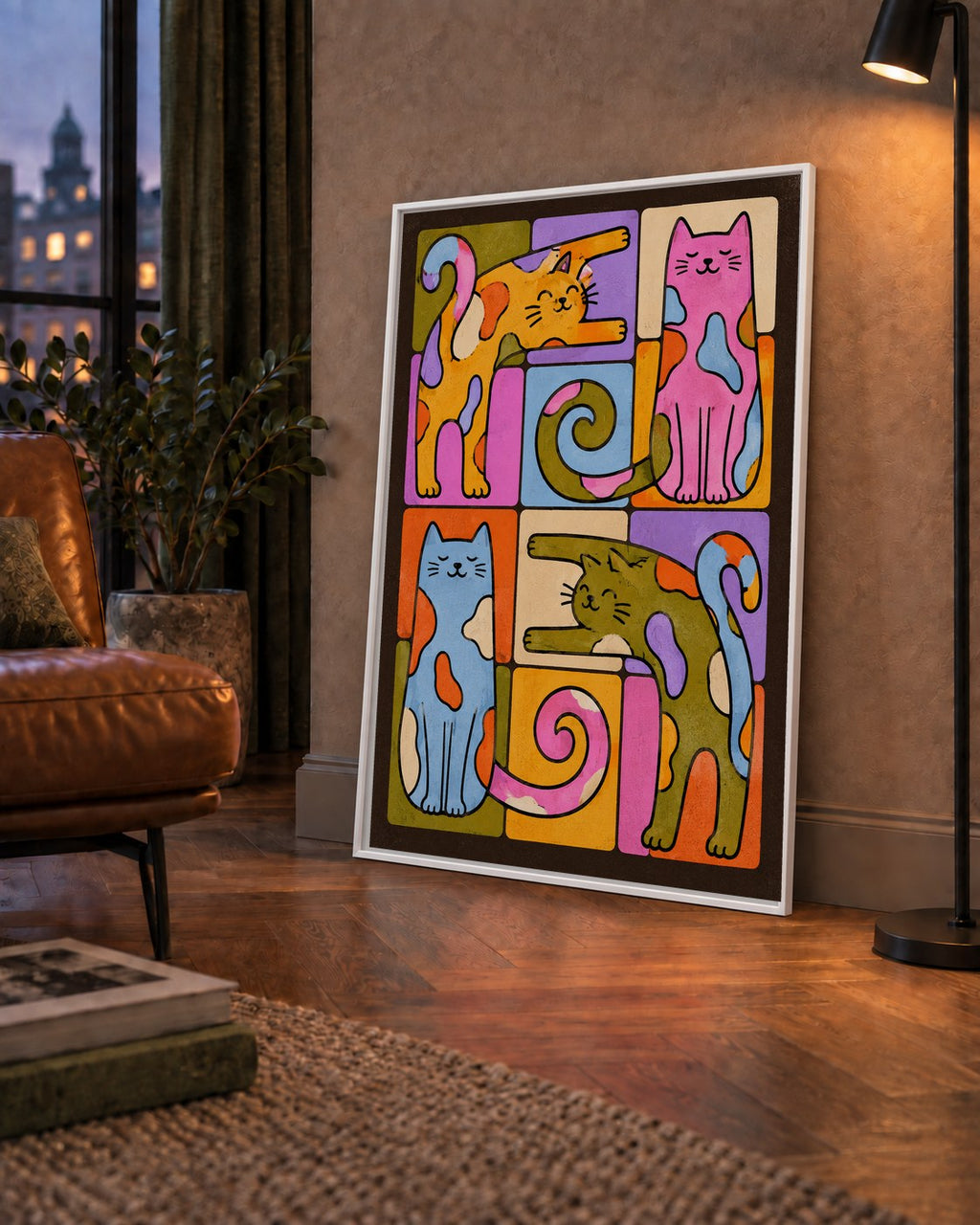 Renkli Geometrik Desenli Kediler Modern Poster — çerçeveli hâliyle bir ev duvarında