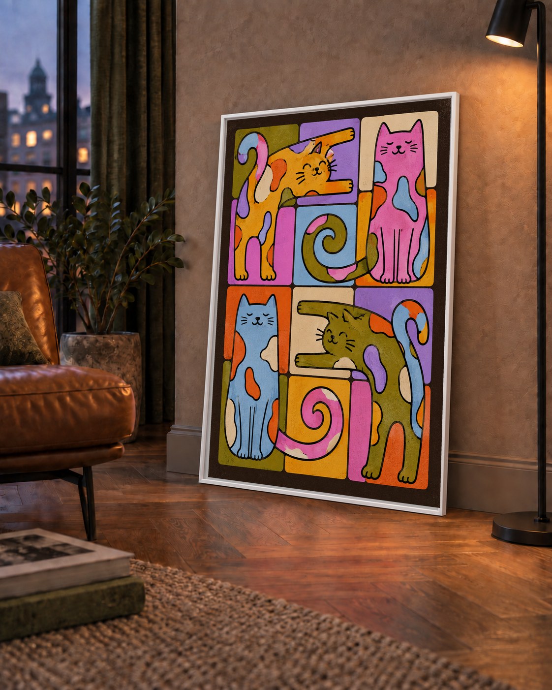 Renkli Geometrik Desenli Kediler Modern Poster — çerçeveli hâliyle bir ev duvarında