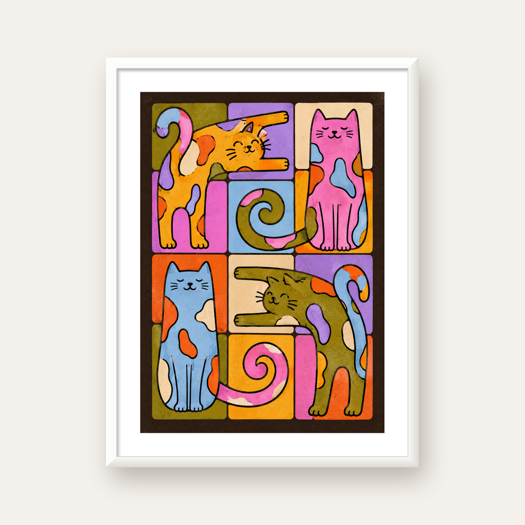 Renkli Geometrik Desenli Kediler Modern Poster — beyaz çerçeveli dikey poster