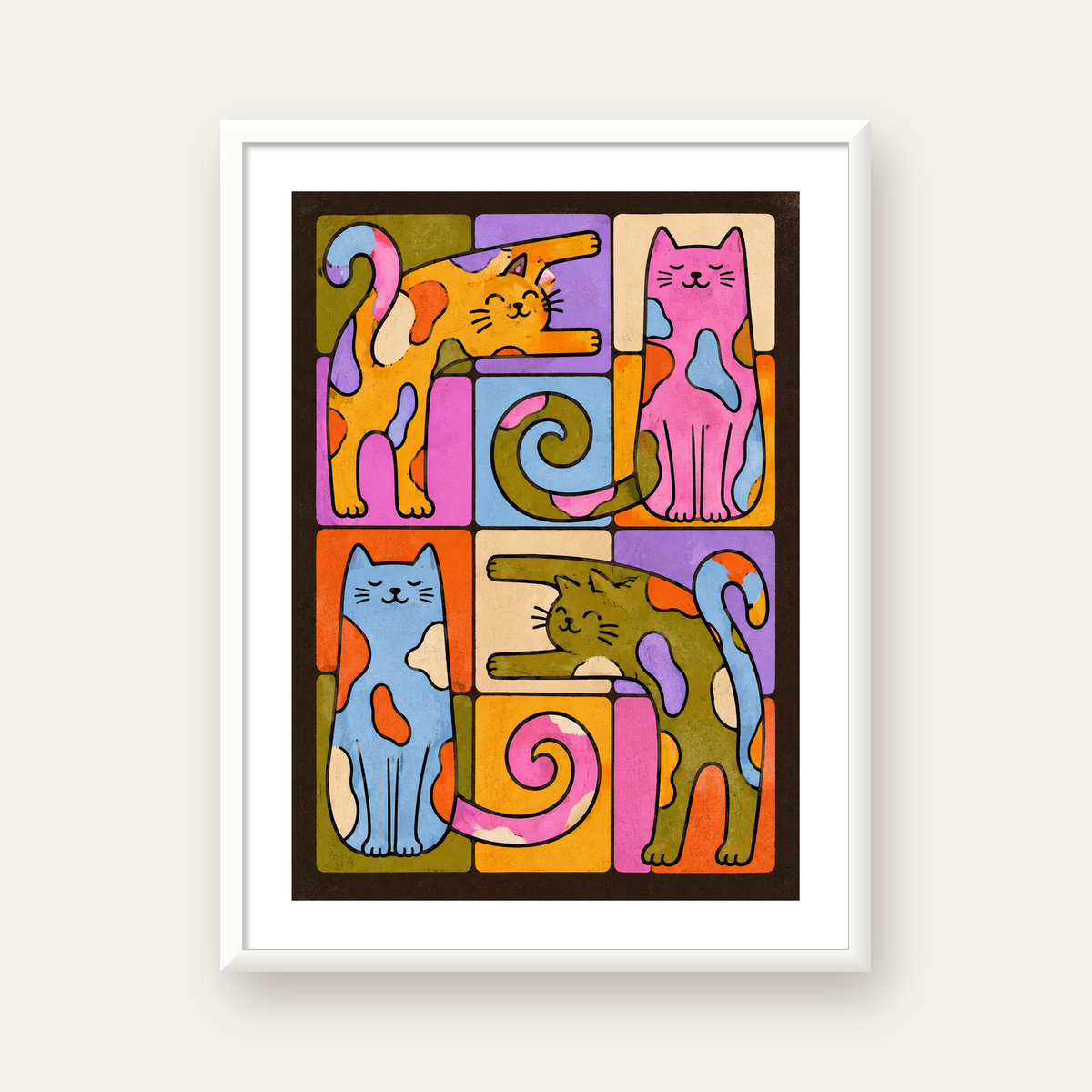 Renkli Geometrik Desenli Kediler Modern Poster — beyaz çerçeveli dikey poster