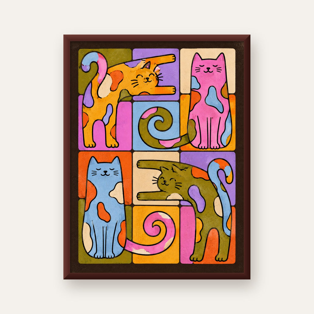 Renkli Geometrik Desenli Kediler Modern Poster — ceviz çerçeveli