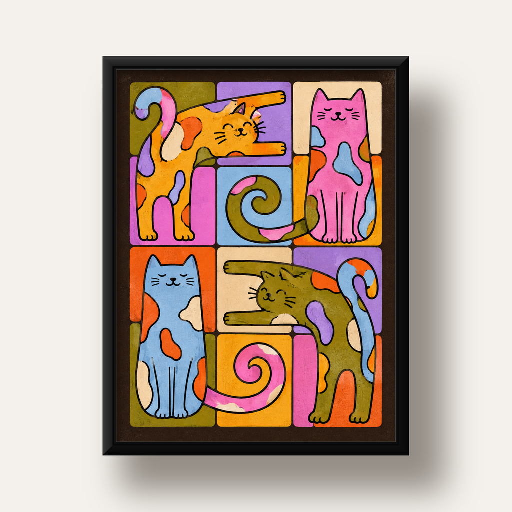 Renkli Geometrik Desenli Kediler Modern Poster — siyah derin çerçeveli