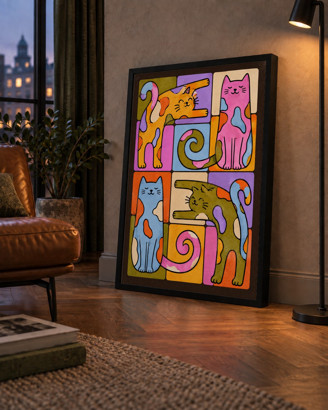 Renkli Geometrik Desenli Kediler Modern Poster — çerçeveli hâliyle bir ev duvarında
