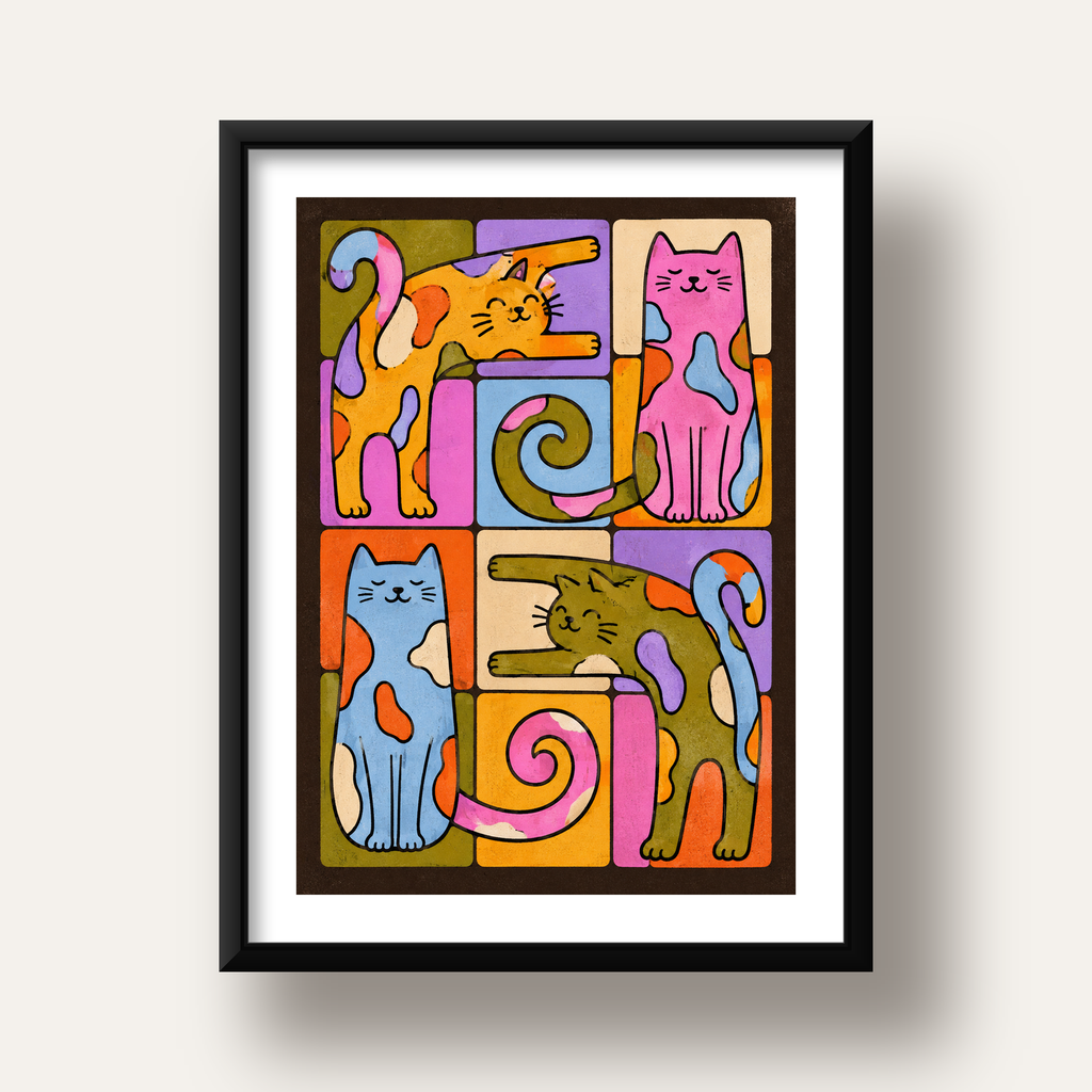 Renkli Geometrik Desenli Kediler Modern Poster — siyah derin çerçeveli paspartulu