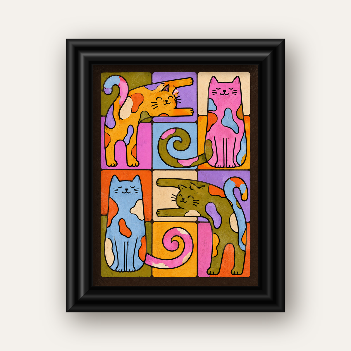 Renkli Geometrik Desenli Kediler Modern Poster — siyah galeri çerçeveli