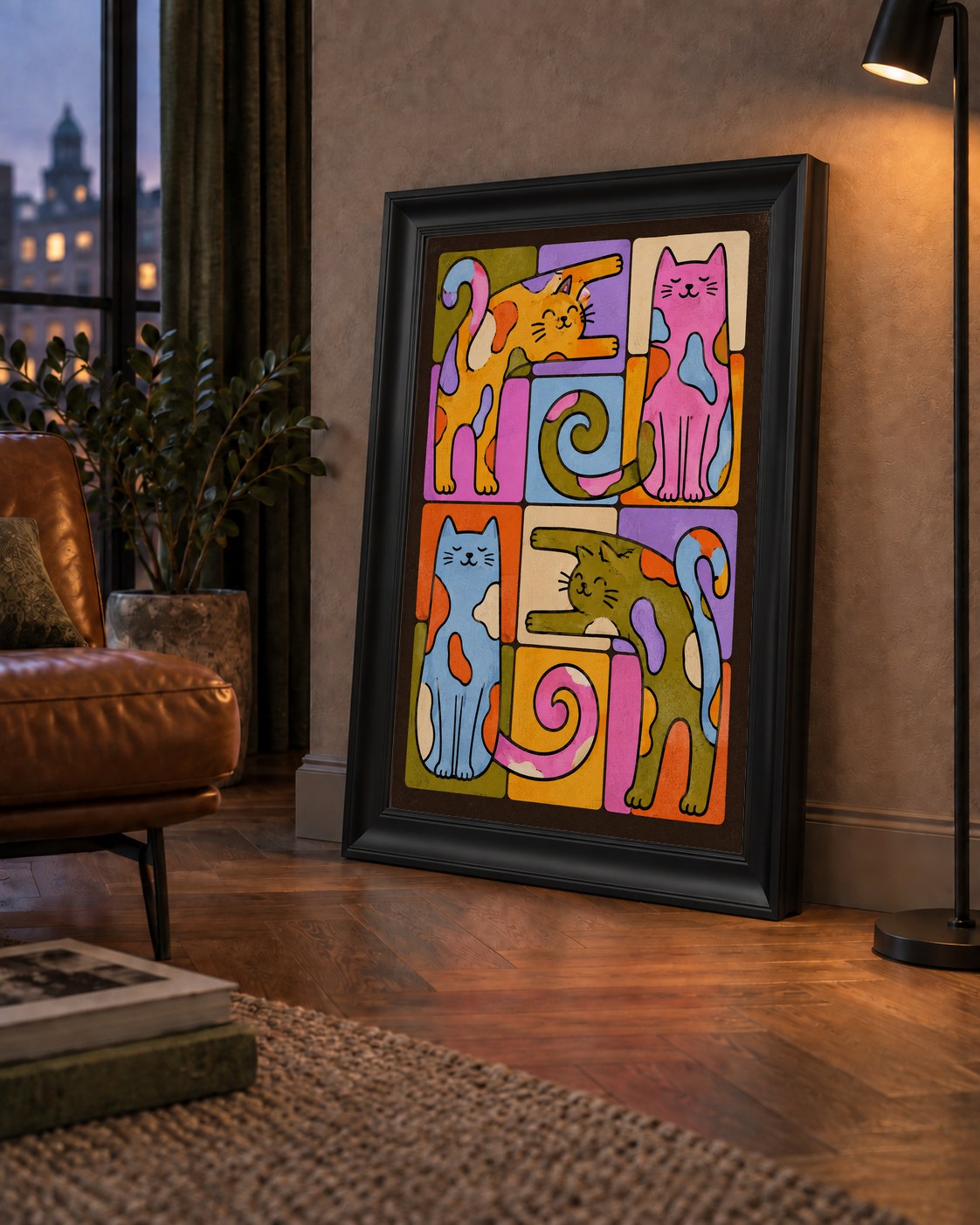 Renkli Geometrik Desenli Kediler Modern Poster — çerçeveli hâliyle bir ev duvarında
