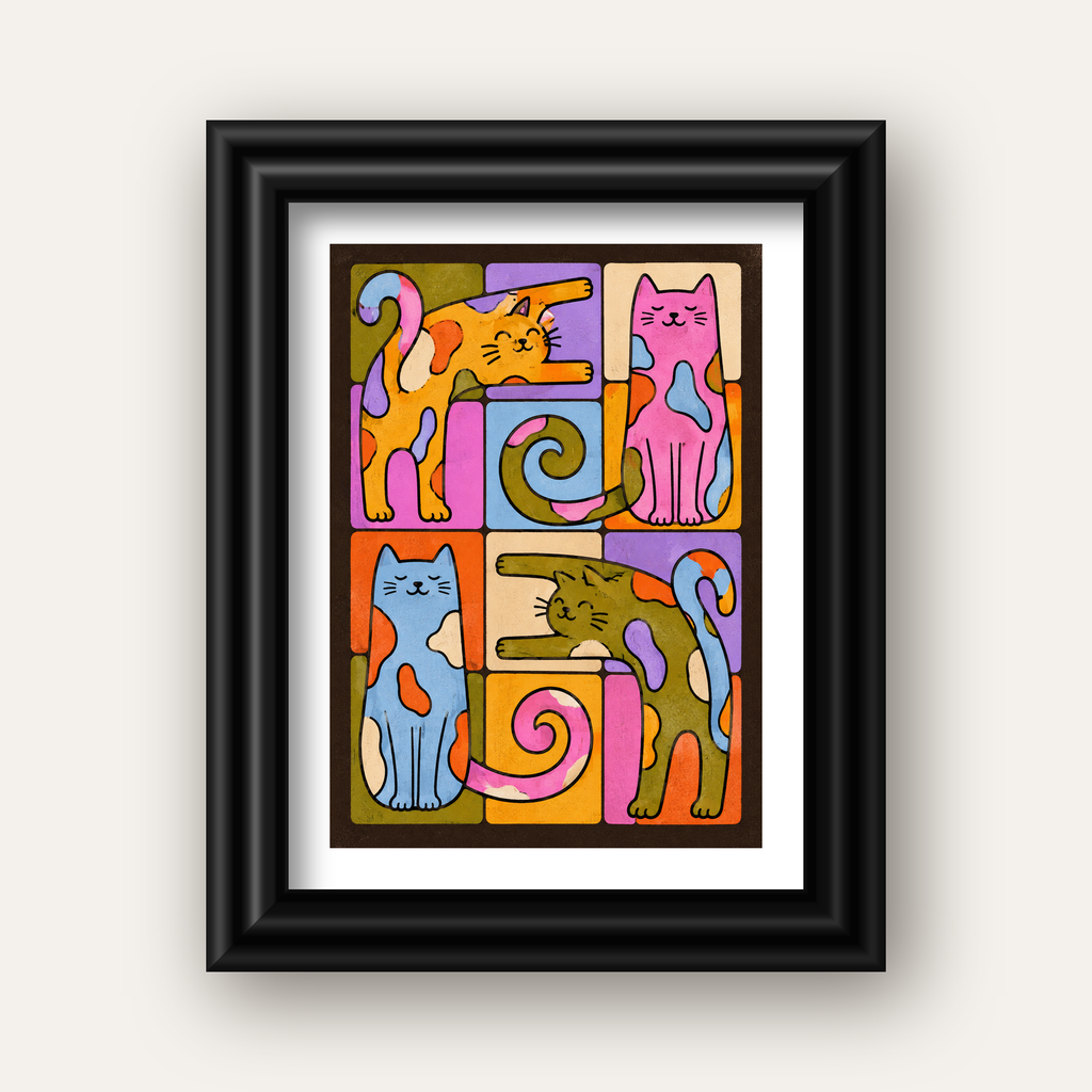 Renkli Geometrik Desenli Kediler Modern Poster — siyah galeri çerçeveli paspartulu