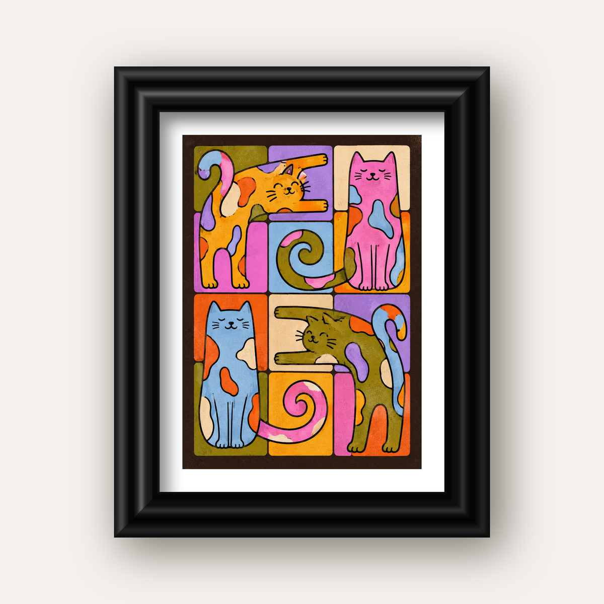 Renkli Geometrik Desenli Kediler Modern Poster — siyah galeri çerçeveli paspartulu