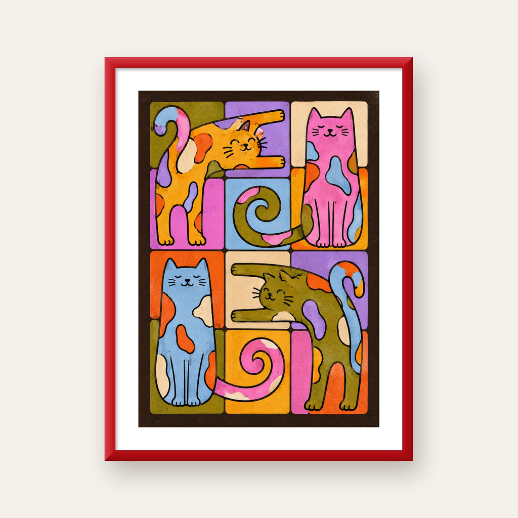Renkli Geometrik Desenli Kediler Modern Poster — kırmızı çerçeveli paspartulu