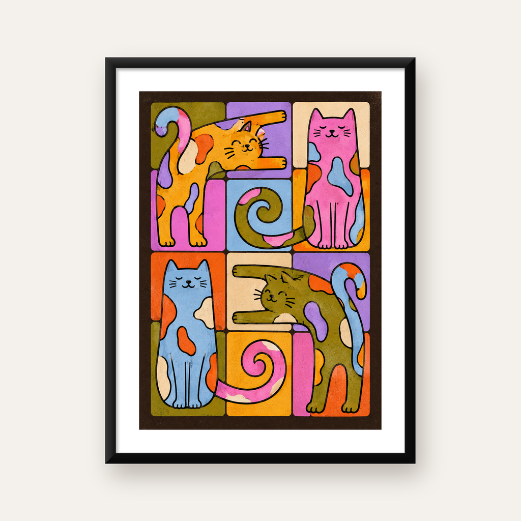Renkli Geometrik Desenli Kediler Modern Poster — Dikey baskı, beyaz paspartulu
