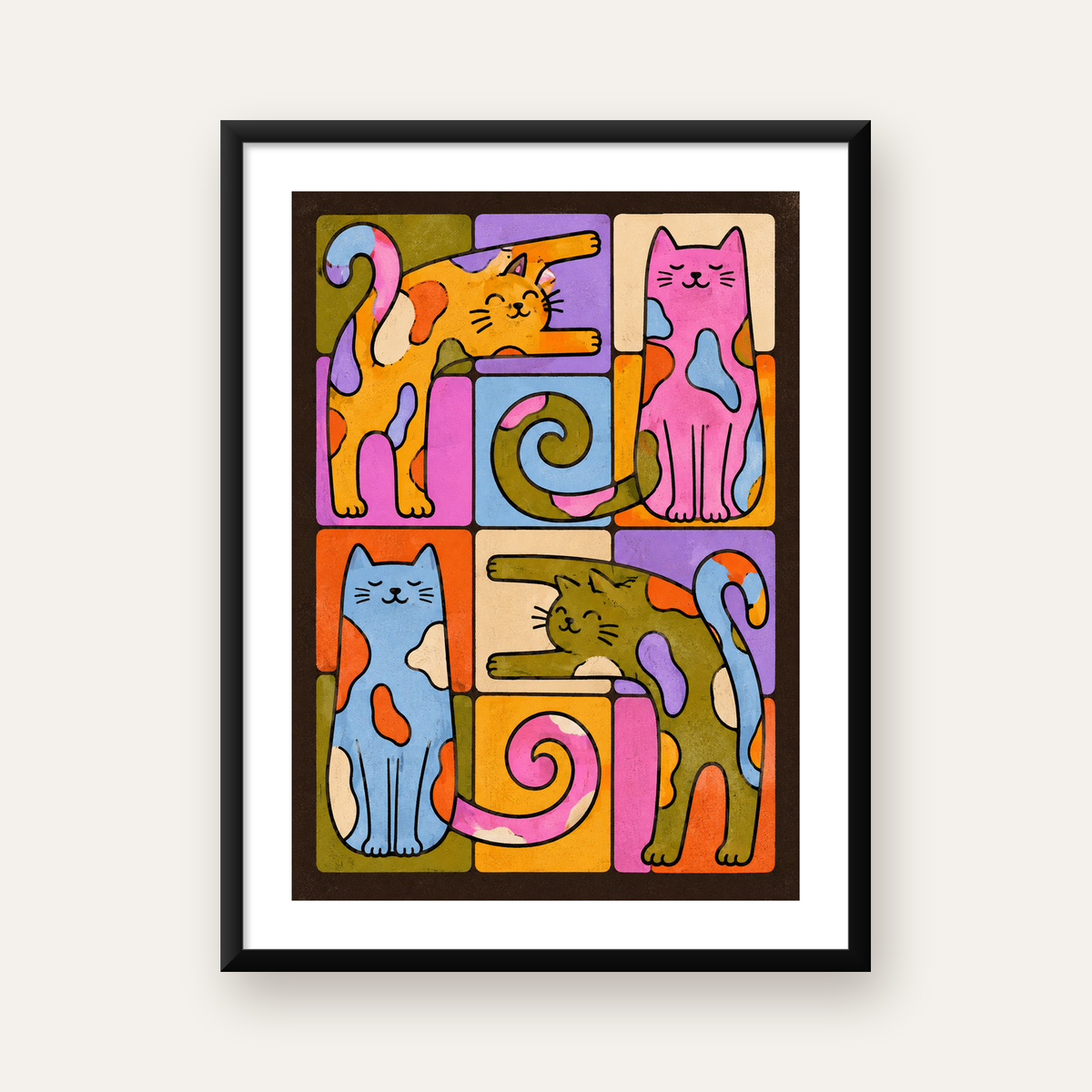 Renkli Geometrik Desenli Kediler Modern Poster — Dikey baskı, beyaz paspartulu