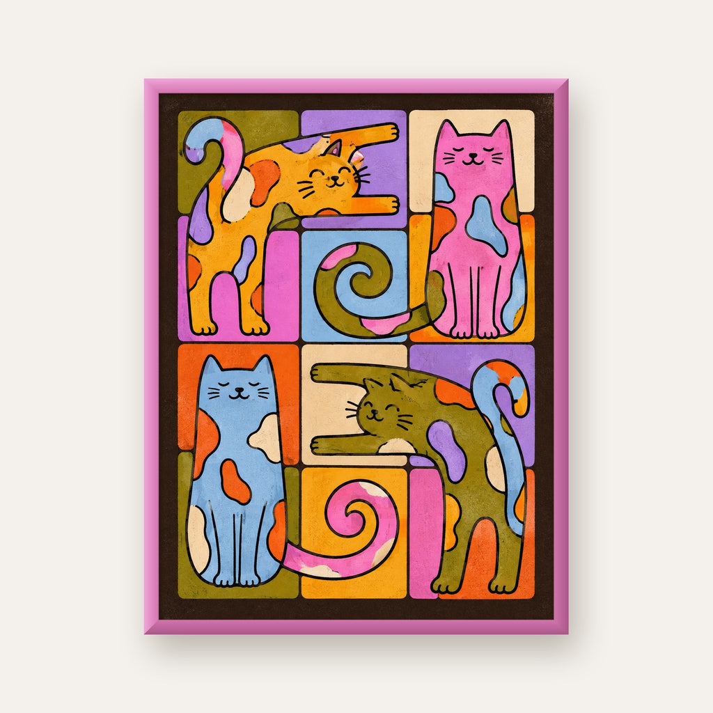 Renkli Geometrik Desenli Kediler Modern Poster — pembe çerçeveli