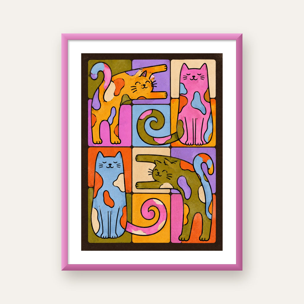 Renkli Geometrik Desenli Kediler Modern Poster — pembe çerçeveli paspartulu