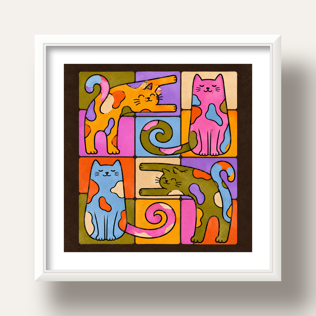 Renkli Geometrik Desenli Kediler Modern Poster — beyaz derin çerçeveli paspartulu
