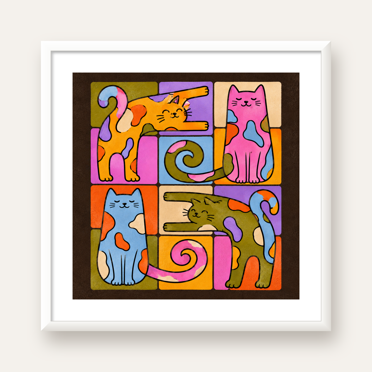Renkli Geometrik Desenli Kediler Modern Poster — beyaz çerçeveli kare poster