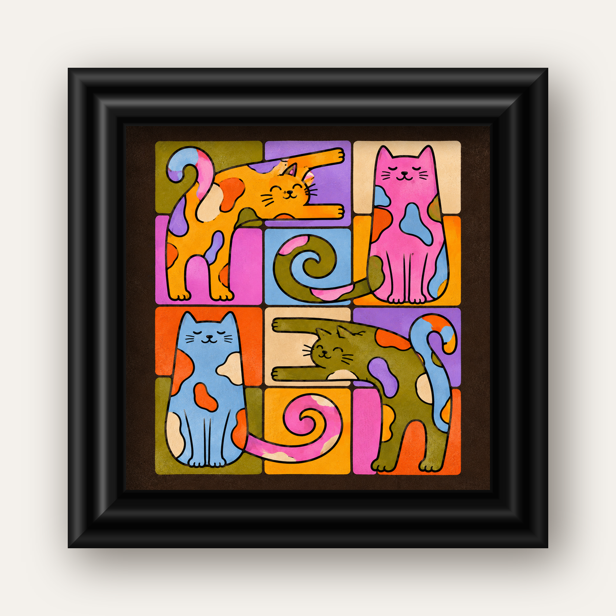 Renkli Geometrik Desenli Kediler Modern Poster — siyah galeri çerçeveli
