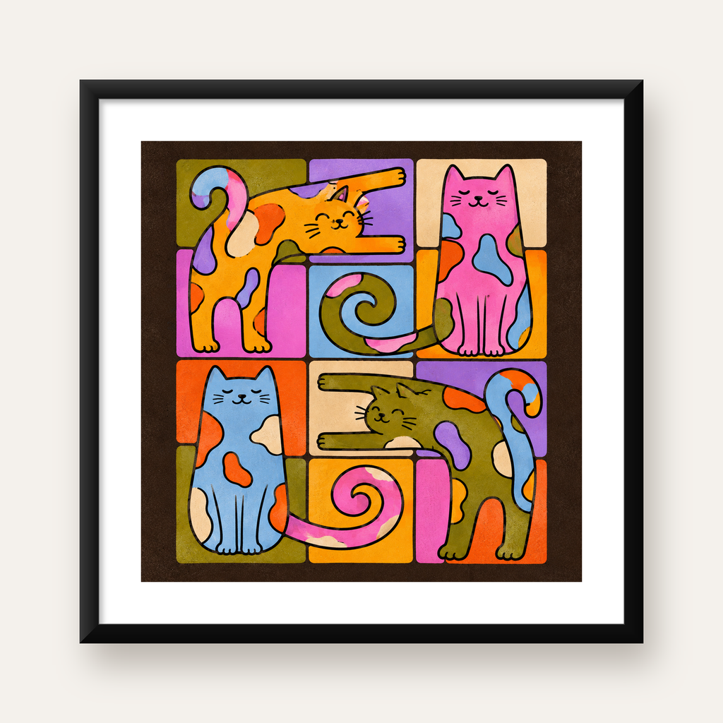 Renkli Geometrik Desenli Kediler Modern Poster — Kare baskı, beyaz paspartulu