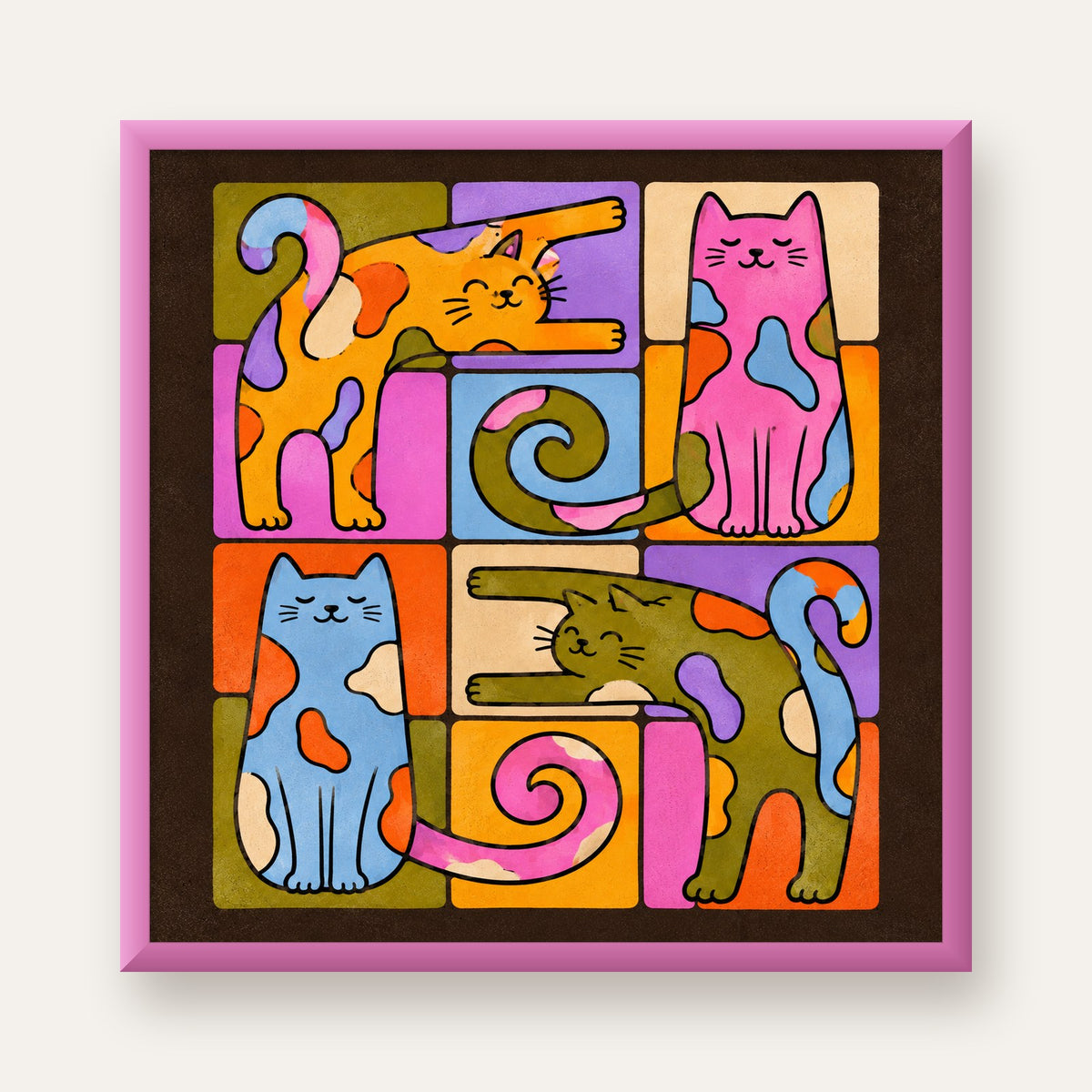 Renkli Geometrik Desenli Kediler Modern Poster — pembe çerçeveli