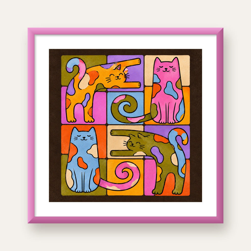 Renkli Geometrik Desenli Kediler Modern Poster — pembe çerçeveli paspartulu