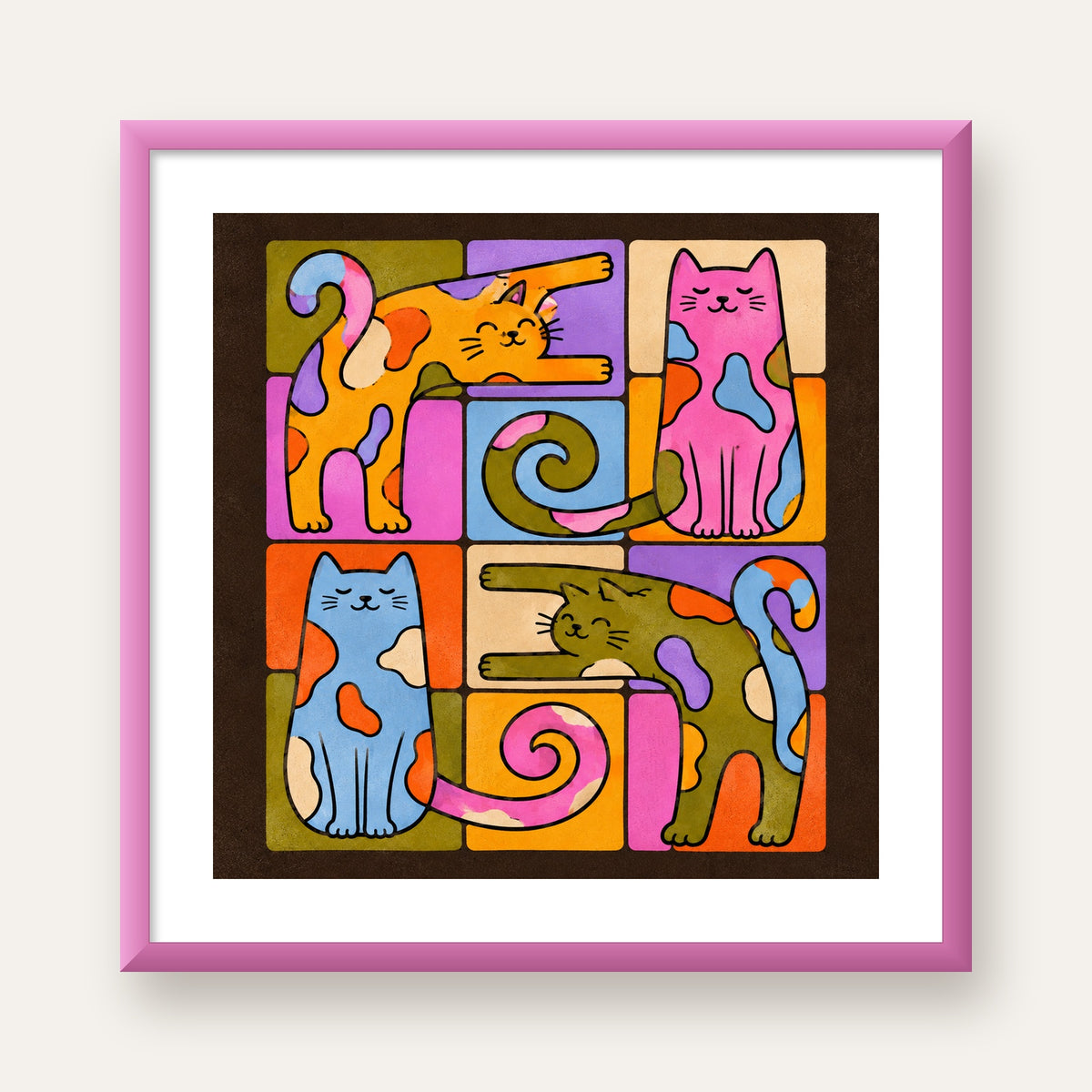Renkli Geometrik Desenli Kediler Modern Poster — pembe çerçeveli paspartulu