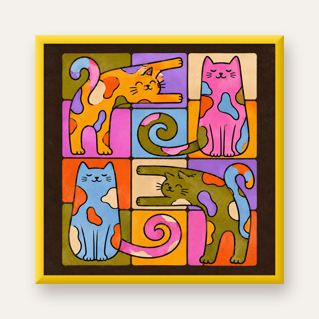 Renkli Geometrik Desenli Kediler Modern Poster — sarı çerçeveli