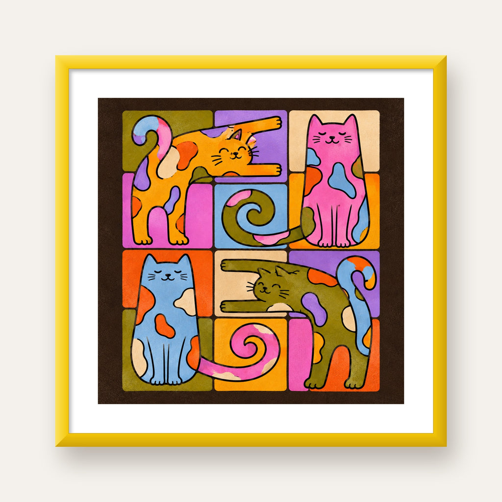 Renkli Geometrik Desenli Kediler Modern Poster — sarı çerçeveli paspartulu
