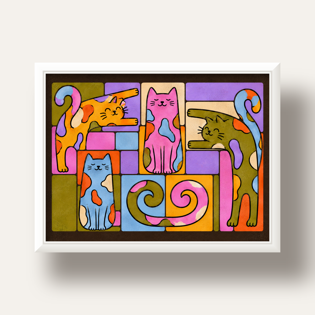 Renkli Geometrik Desenli Kediler Modern Poster — beyaz derin çerçeveli