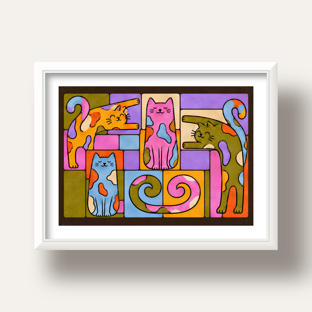 Renkli Geometrik Desenli Kediler Modern Poster — beyaz derin çerçeveli paspartulu